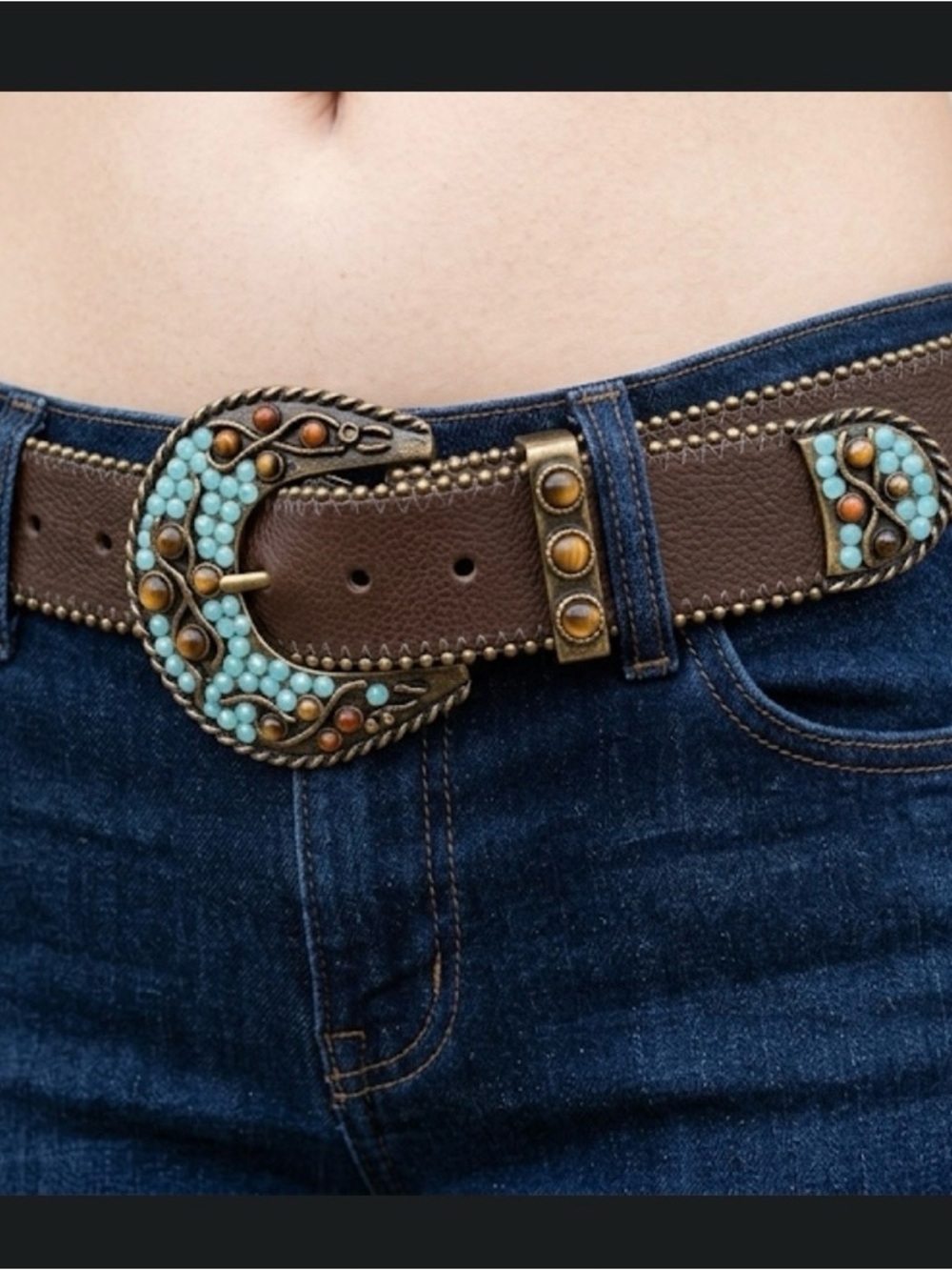 Vintage 90s Western Boho Beaded Leather Belt M Turquoise Tiger Eye Accents Brass